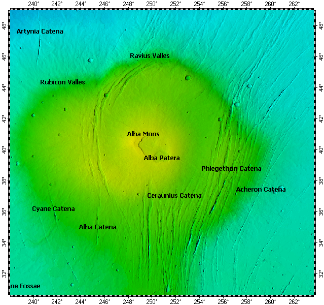 Alba Patera on Mars, topography