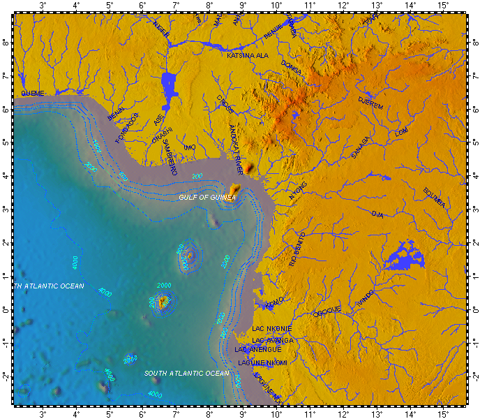 Cameroon line, topography with bathymetry