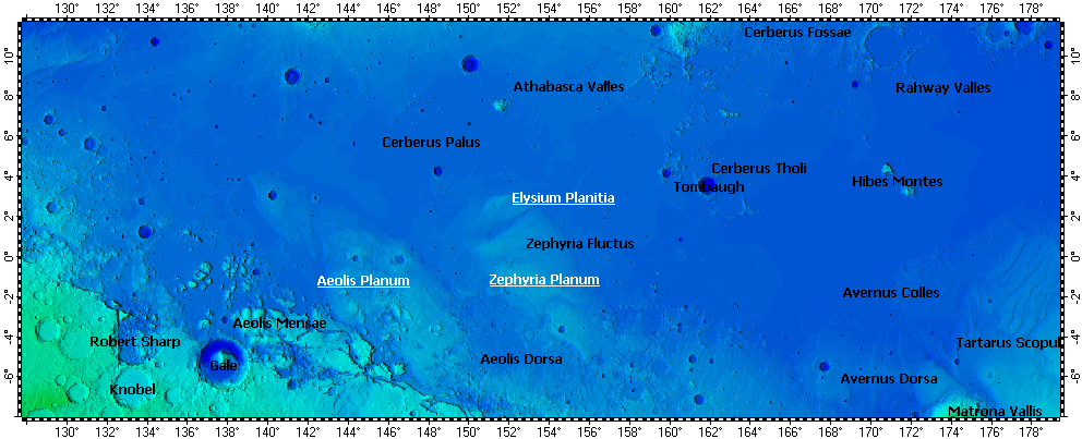 Elysium Planitia on Mars, topography