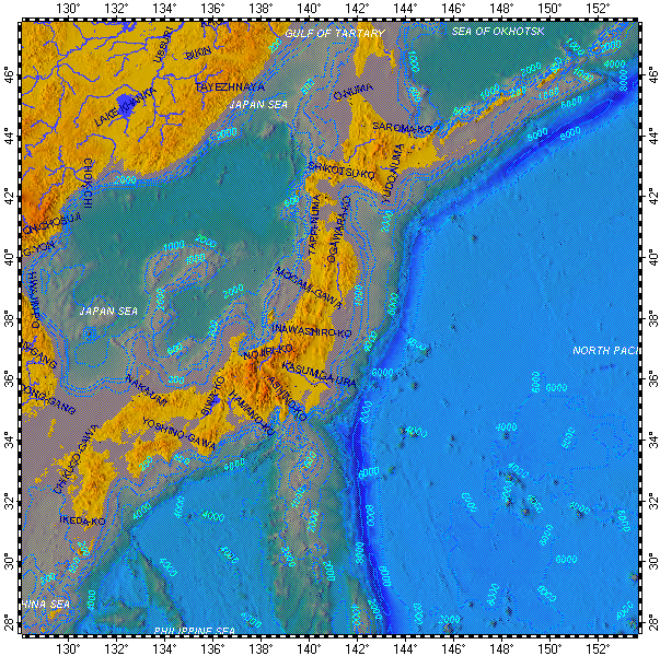 Japan, topography with bathymetry