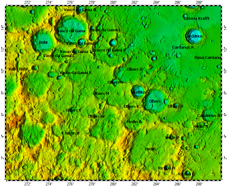 LAC-55 Vasco da Gama quadrangle of Moon, topography