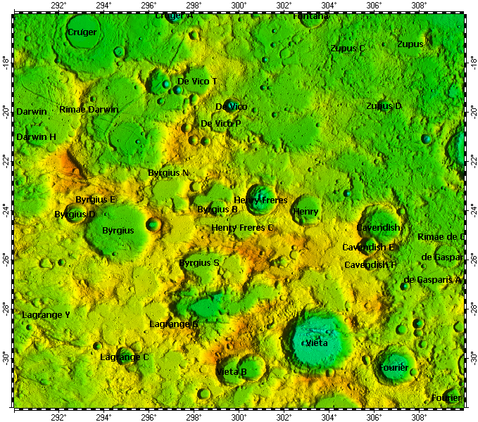 LAC-92 Byrgius quadrangle of Moon, topography