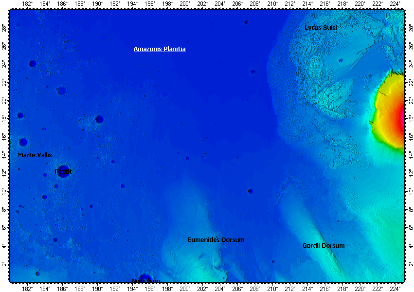 MC-08 Amazonis quadrangle of Mars, topography