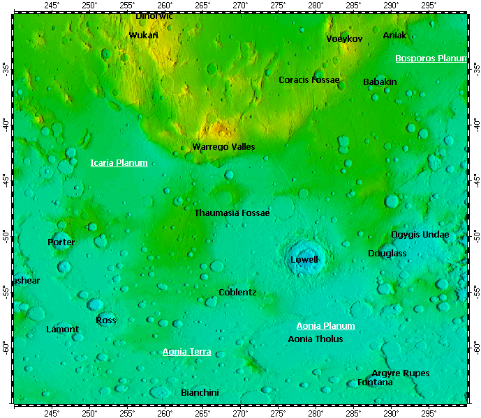 MC-25 Thaumasia quadrangle of Mars, topography
