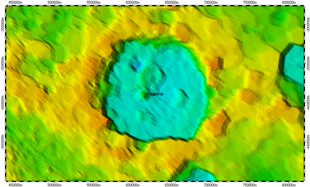 Magritte crater on South Pole of Mercury, topography