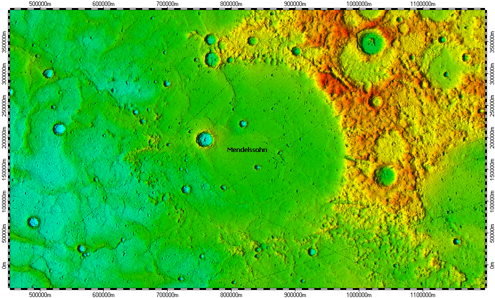 Mendelssohn crater on North Pole of Mercury, topography
