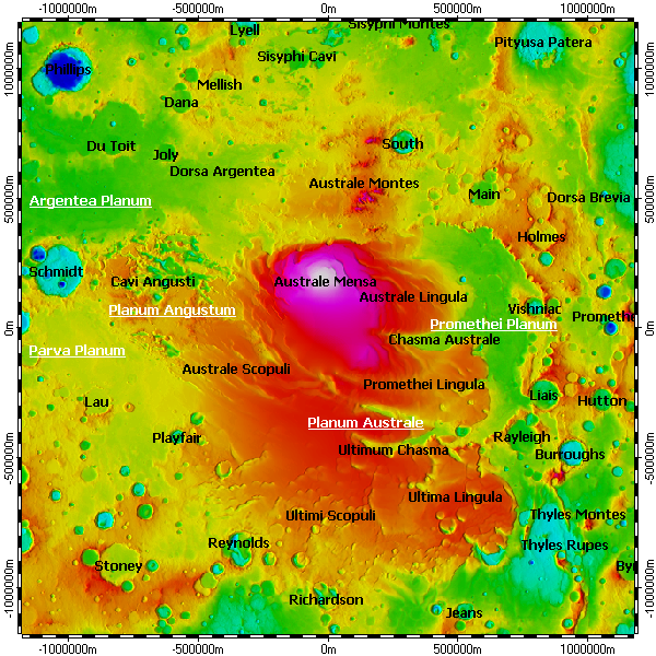 Planum Australe on South Pole of Mars, topography with adjusted colors