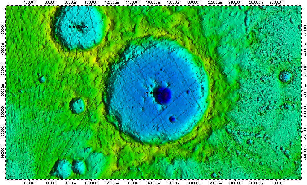 Prokofiev crater on North Pole of Mercury, topography