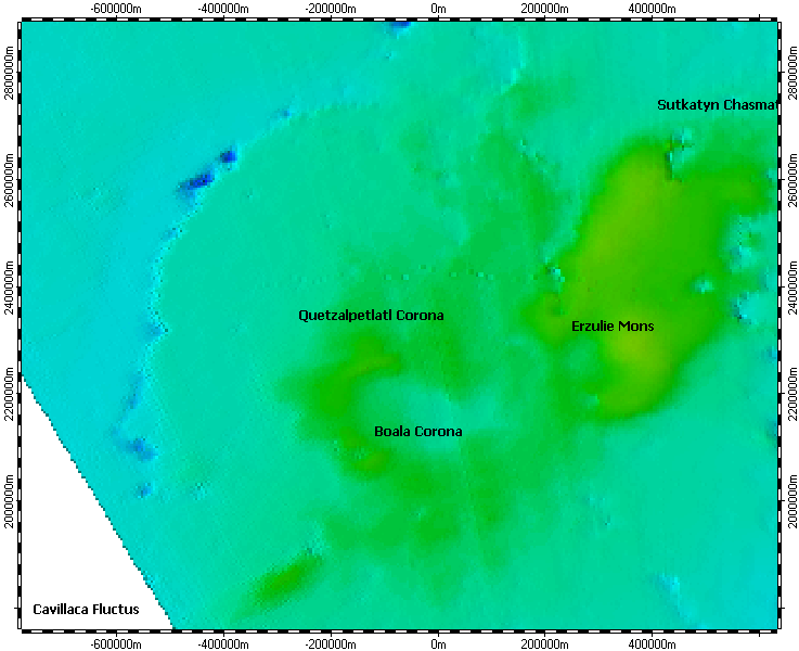 Quetzalpetlatl Corona on South Pole of Venus, topography