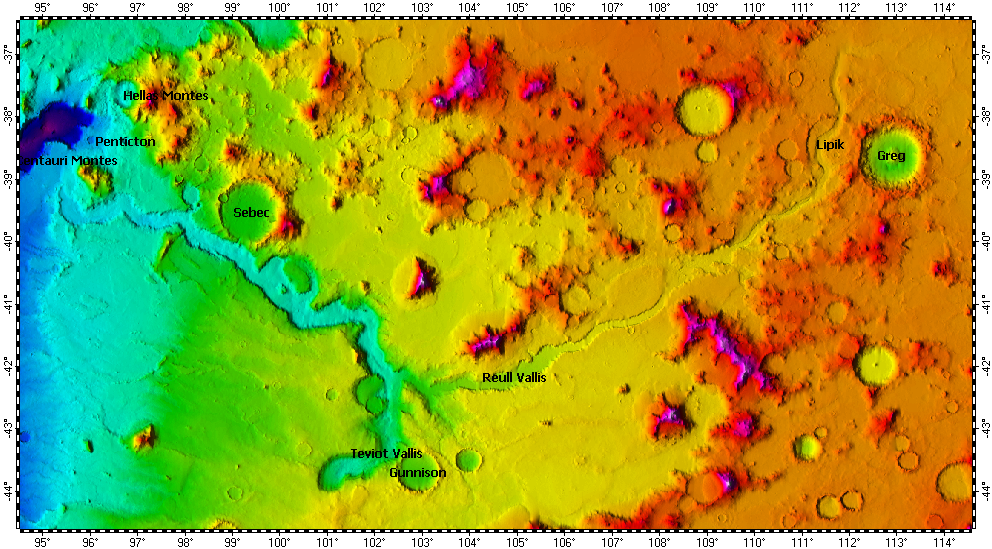 Reull Vallis on Mars, topography with adjusted colors