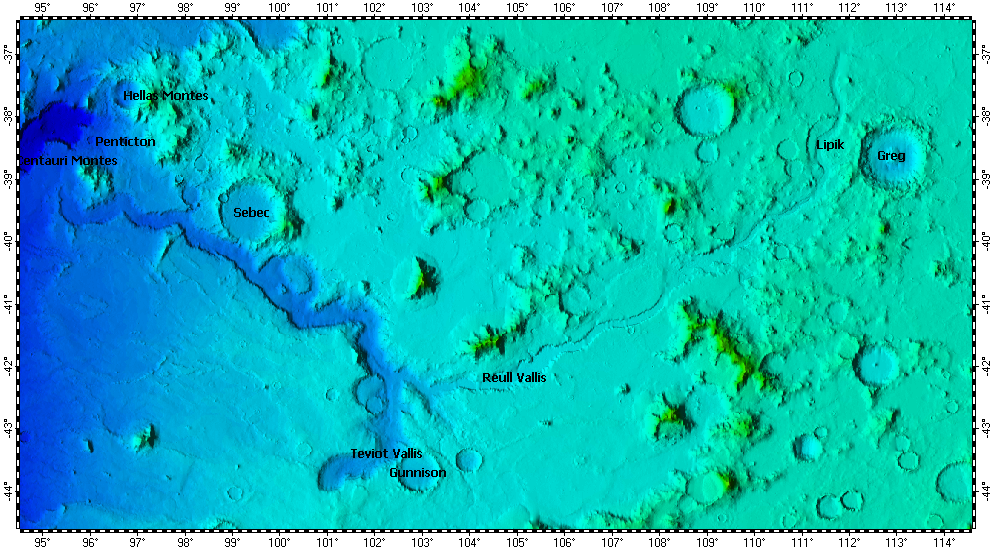 Reull Vallis on Mars, topography