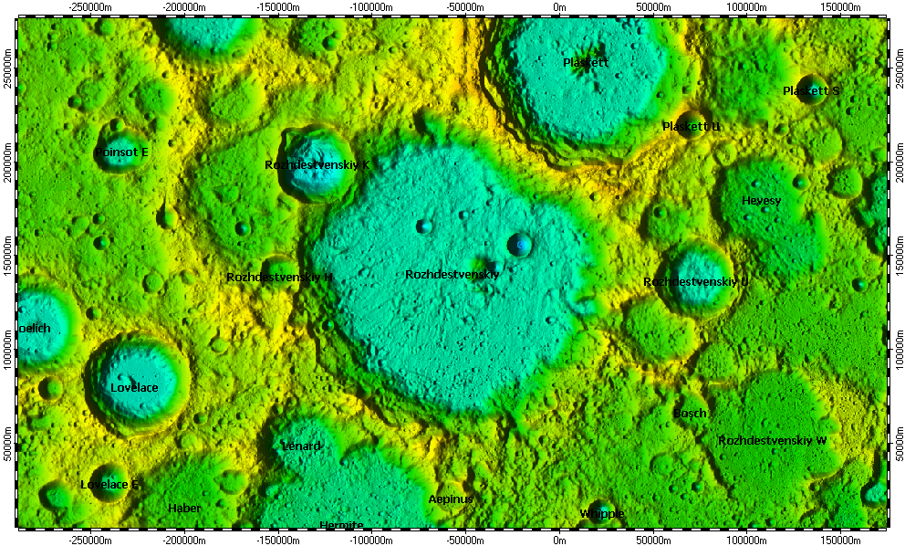 Rozhdestvenskiy Crater on North Pole of Moon, topography