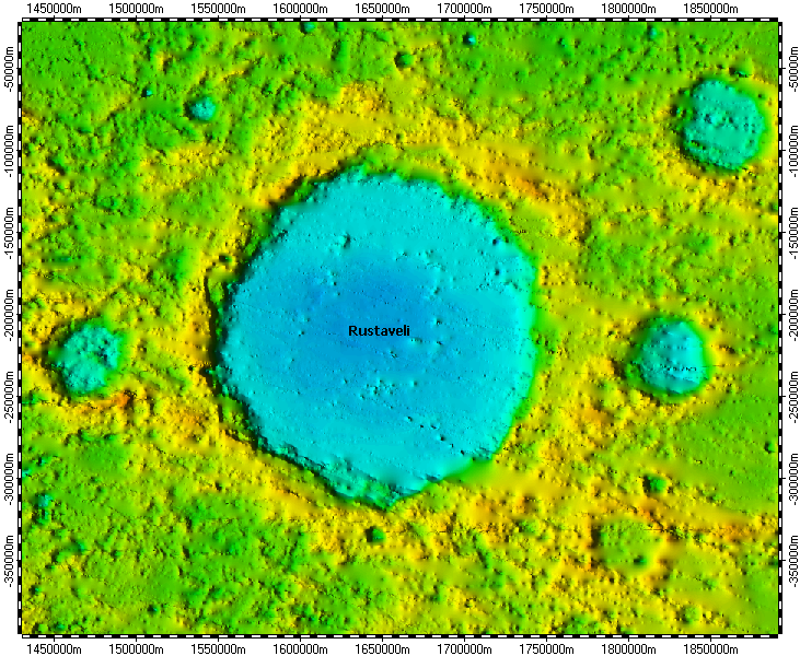 Rustaveli crater on North Pole of Mercury, topography