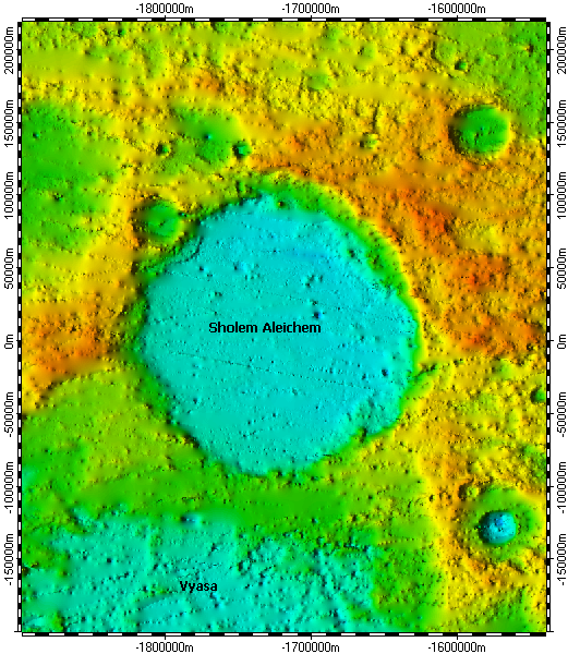 Sholem Aleichem crater on North Pole of Mercury, topography