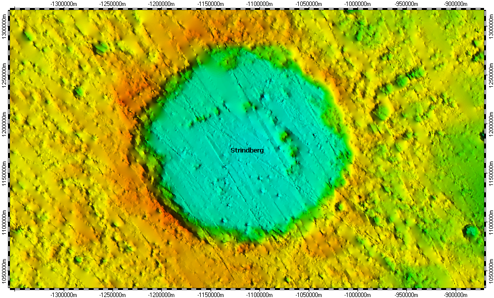 Strindberg crater on North Pole of Mercury, topography