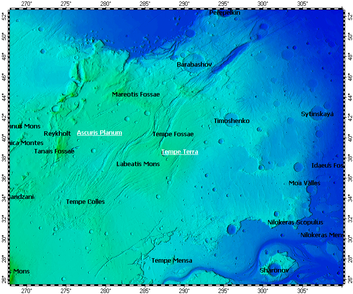 Tempe Terra on Mars, topography