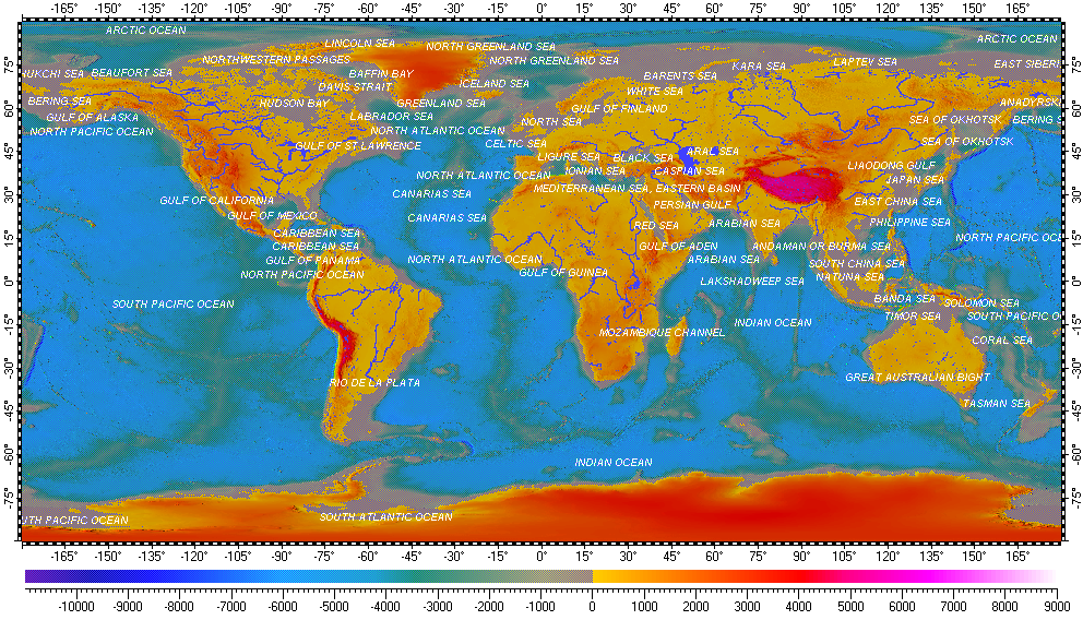 Top-level map: Earth with features over bathymetry